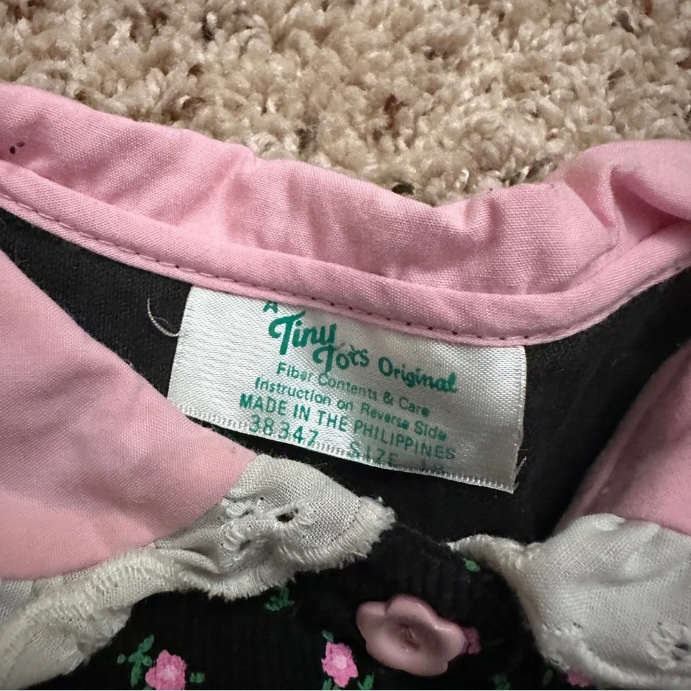 Vintage Tiny Tots Black & Pink Floral Corduroy Jumpsuit Baby Girl Size 18 Months